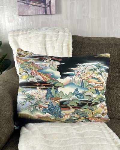 Handmade black throw pillow with beautiful pond pattern