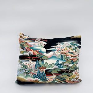 Black throw pillow with pond and forest as pattern handmade for artistic home decorating.