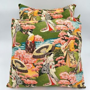 Asian garden with geisha women green throw pillow set of 2