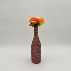 Artistic red lily vase hand painted with orange and yellow flowers inside