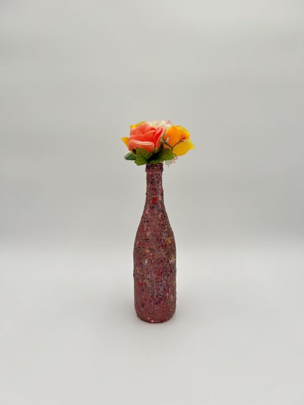 Artistic red lily vase hand painted with orange and yellow flowers inside