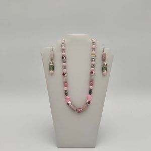 Handmade baby pink necklace set with matching pair of earrings