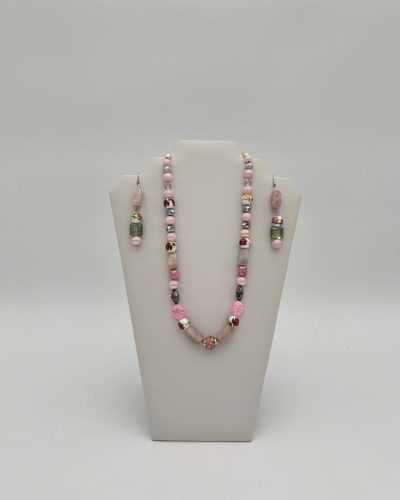 Handmade baby pink necklace set with matching pair of earrings