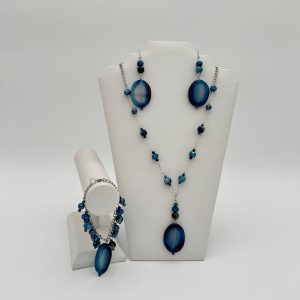 Beaded blue necklace set with matching earrings and bracelet