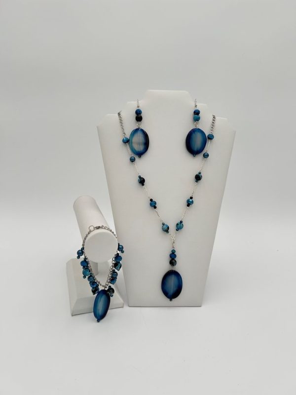 Beaded blue necklace set with matching earrings and bracelet