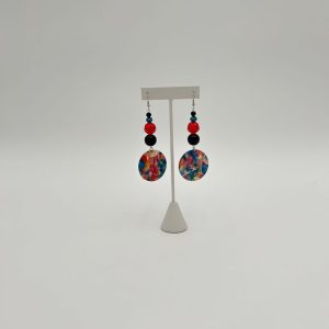 Black, blue and red statement earrings with large mosaic piece that dangles.