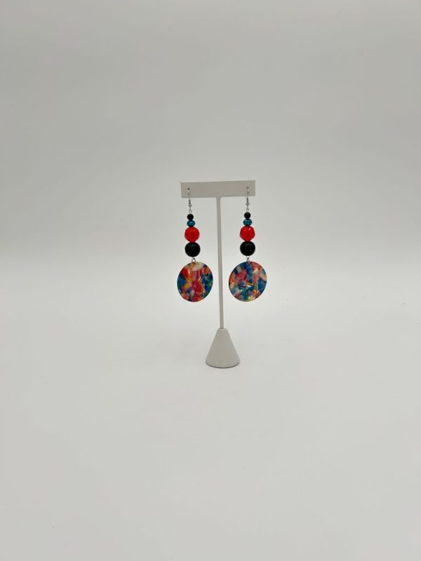 Black, blue and red statement earrings with large mosaic piece that dangles.