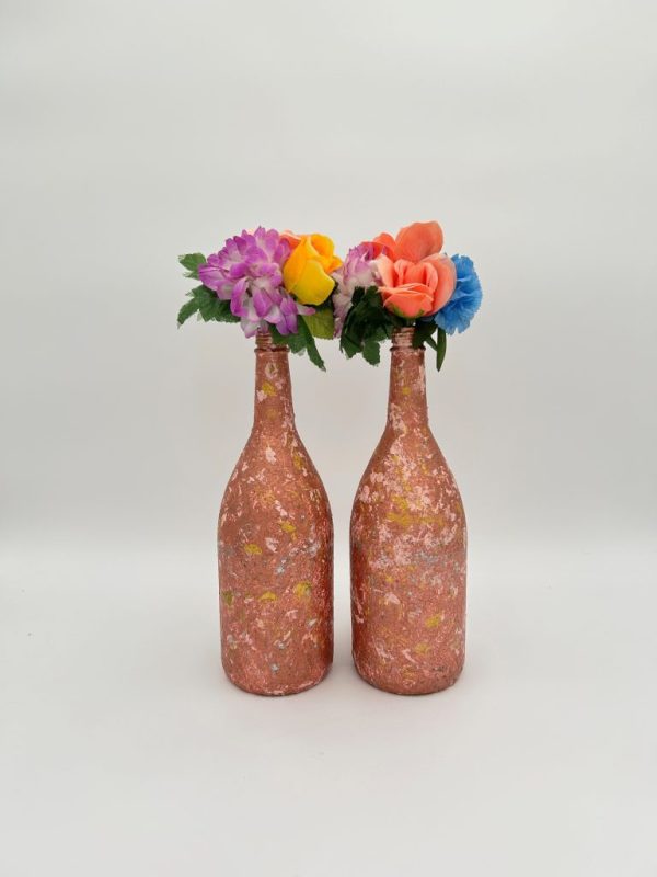 Rose gold vase set of 2 with metallic specks hand painted with flowers.