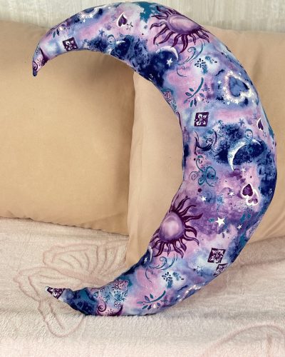 Handmade blue and purple crescent moon pillow for the bedroom