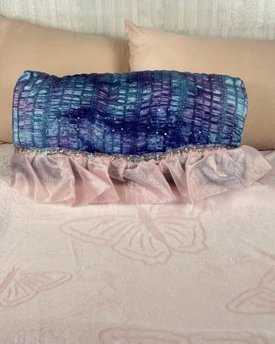 Pretty blue and purple throw pillow handmade with a pink lace trim