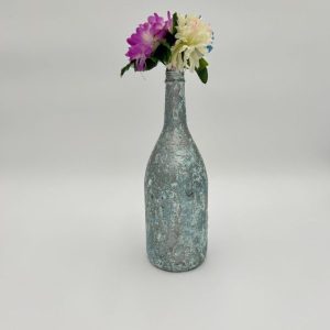 Hand painted glossy light blue vase with purple and white flowers