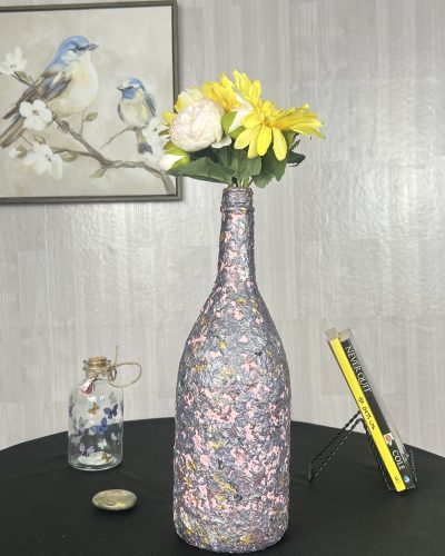 Hand painted gray flower vase with pink specks and yellow flowers