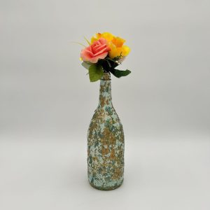 Hand painted emerald green and gold vase with yellow flowers