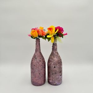 Lavender Vase Set of 2 with pretty, colorful bouquet inside.