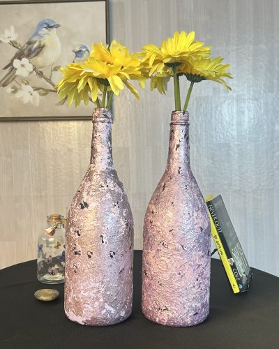 Hand painted lavender vase set of 2 with yellow flowers
