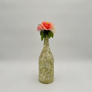 Lime Green Glass Vase hand painted with peach flower inside.