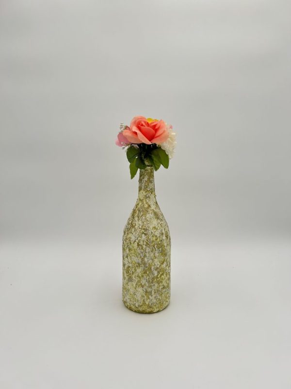 Lime Green Glass Vase hand painted with peach flower inside.