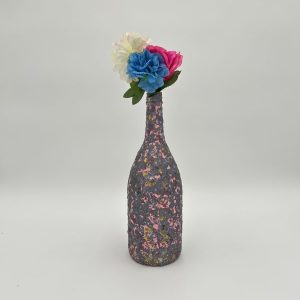 Mink and Pink Speckled Gray Vase hand painted with a blue and pink flowers.