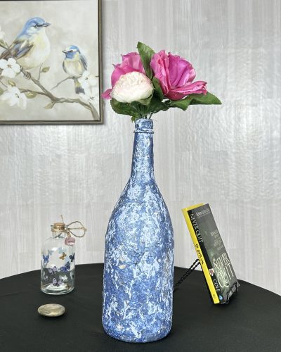 Hand painted ocean blue vase with purple and white flowers