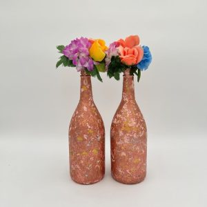 Hand painted pink and gold vase set of 2 with colorful flowers