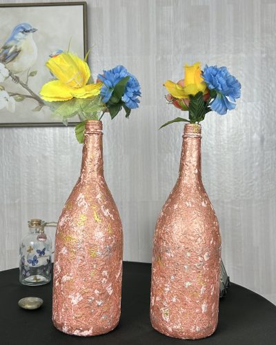 Hand painted pink and gold vase set of 2 with yellow and blue flower bouquet