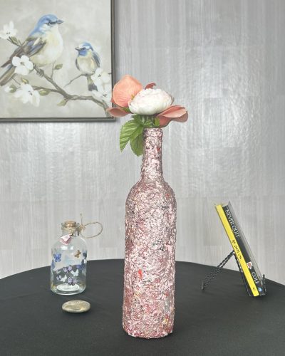 Hand painted pink flower vase with white and peach roses inside