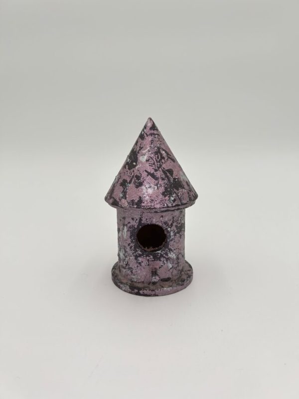 Purple birdhouse unique ornament with traces of violet and silver hand painted