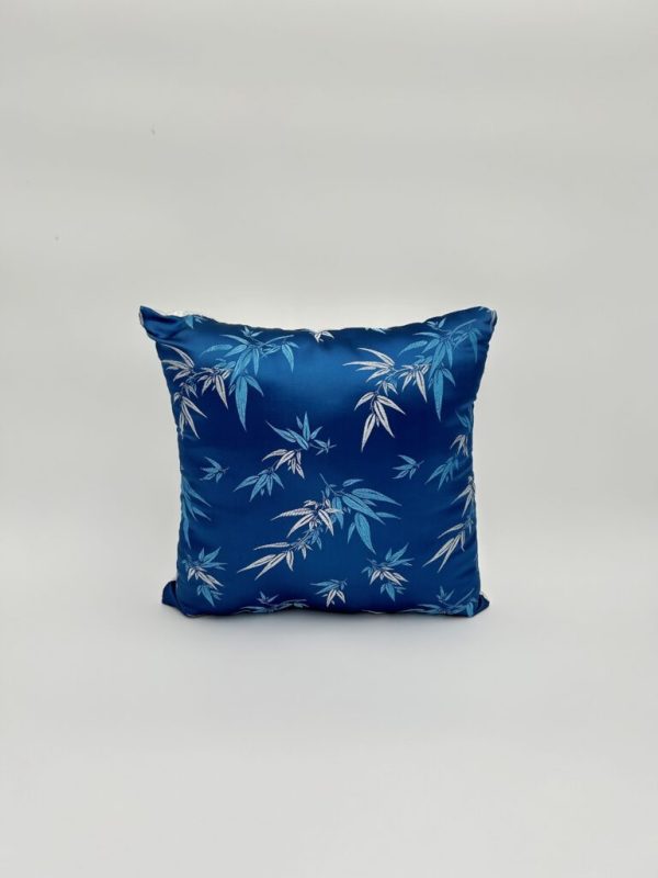 Fancy Silk French Blue Throw Pillow handmade with silver as the secondary color and floral print.