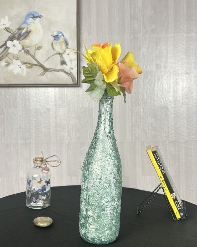Hand painted sparkle green vase with yellow flowers