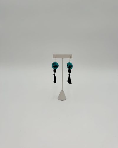 Handmade pretty black tassel earrings with turquoise and black butterflies