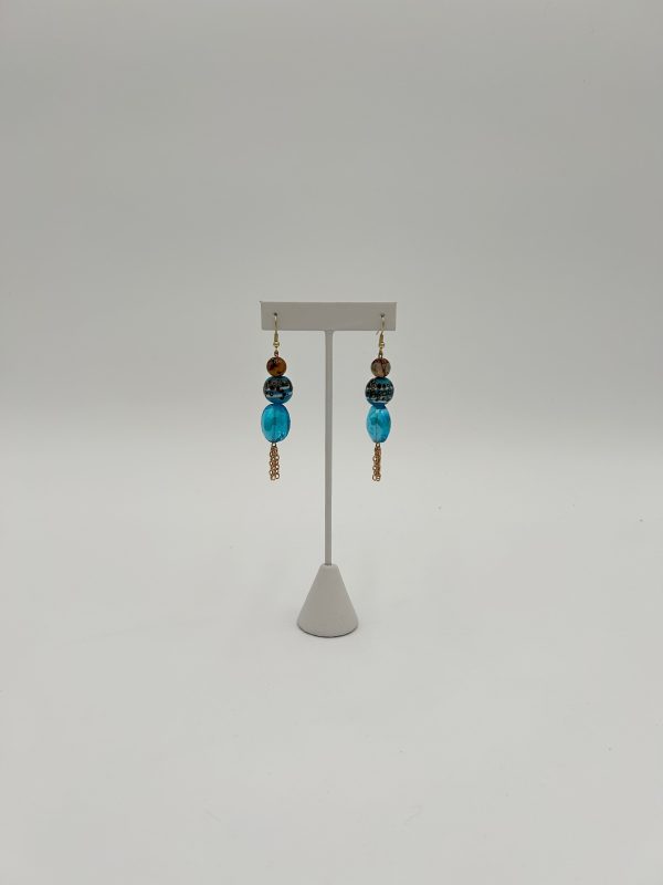 Blue and brown beaded dangle earrings with gold jewelry chain