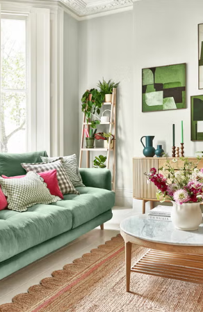 Beautiful living with moss green as it's dominant color for fall home decorating