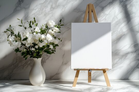 Blank canvas and easel sitting next to vase