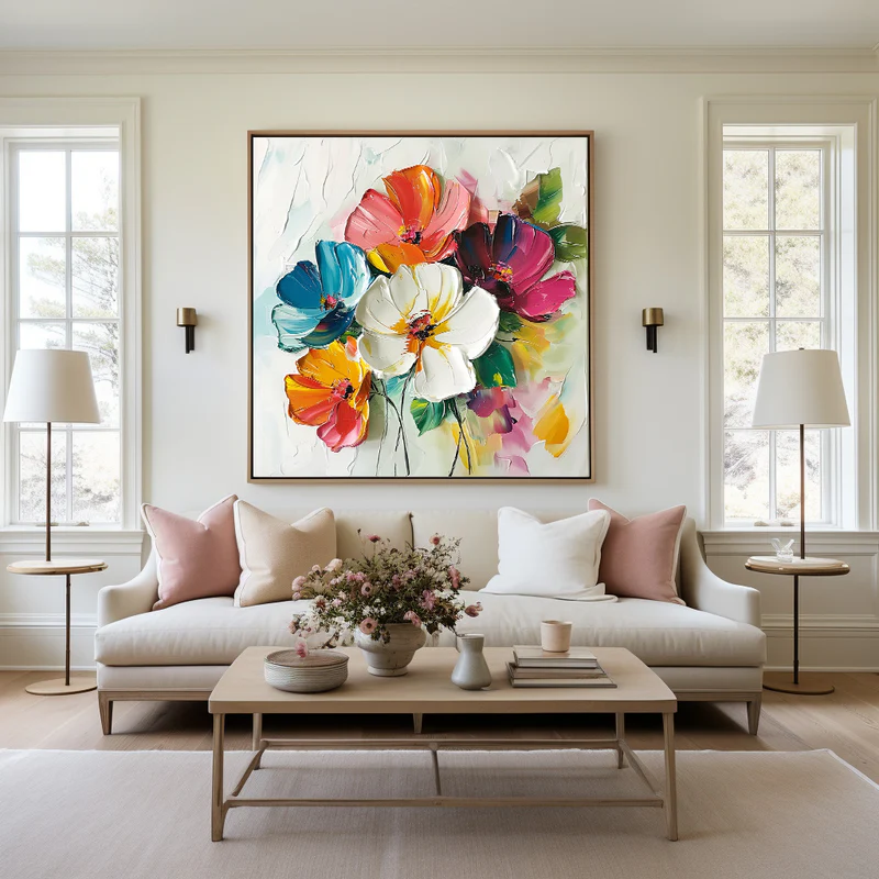 Beautiful large wall painting with colorful flowers in living room