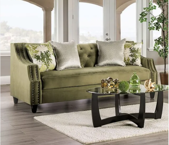 Olive green sofa with upscale throw pillow set