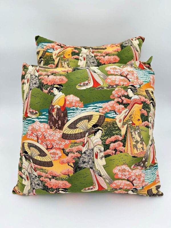 Bright green throw pillow set of 2 with oriental print design
