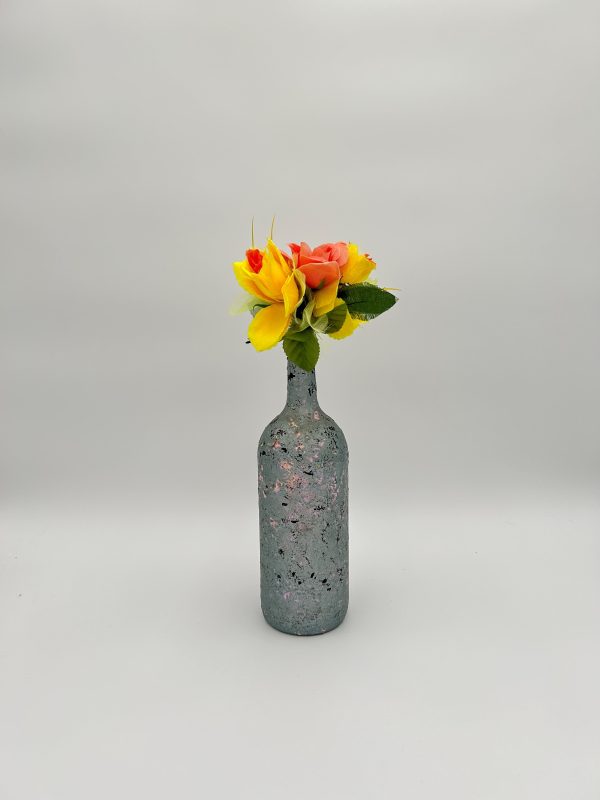 Pearl Blue Hand Painted Wine Bottle Vase with summer flowers inside