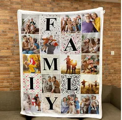 Beautiful handmade quilt with photos of family members on it