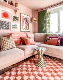 Circus inspired living room with red and pink checkers and pink decor for unique decorating