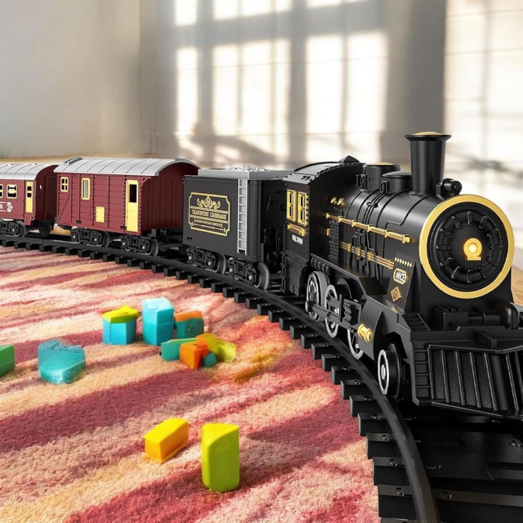 Classic train set in living room on rug