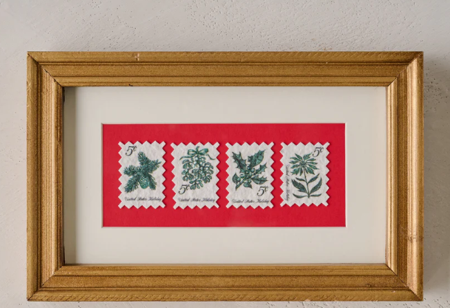 Vintage stamps being transformed into wall art is a current unique home decor trend