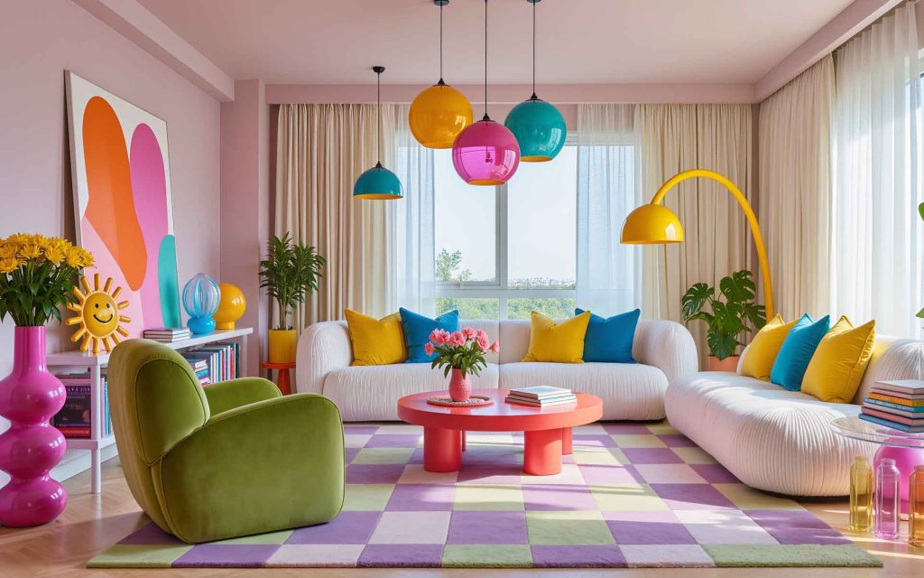 Colorful, gummy inspired living room for art lovers