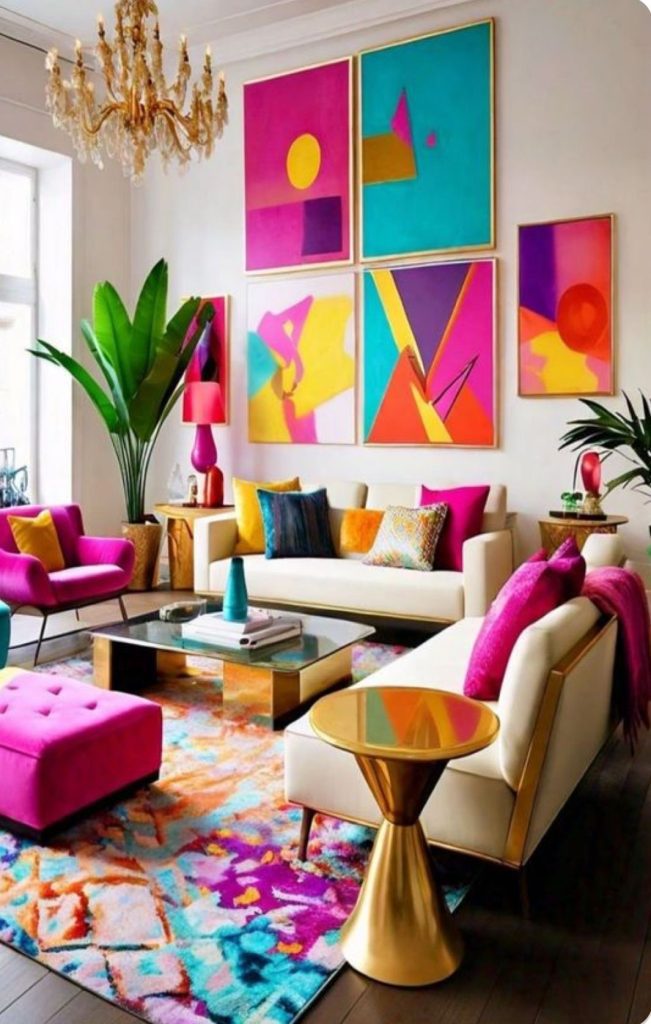Colorful living room with vibrant throw pillows, wall paintings in more for a dopamine home decor  theme.