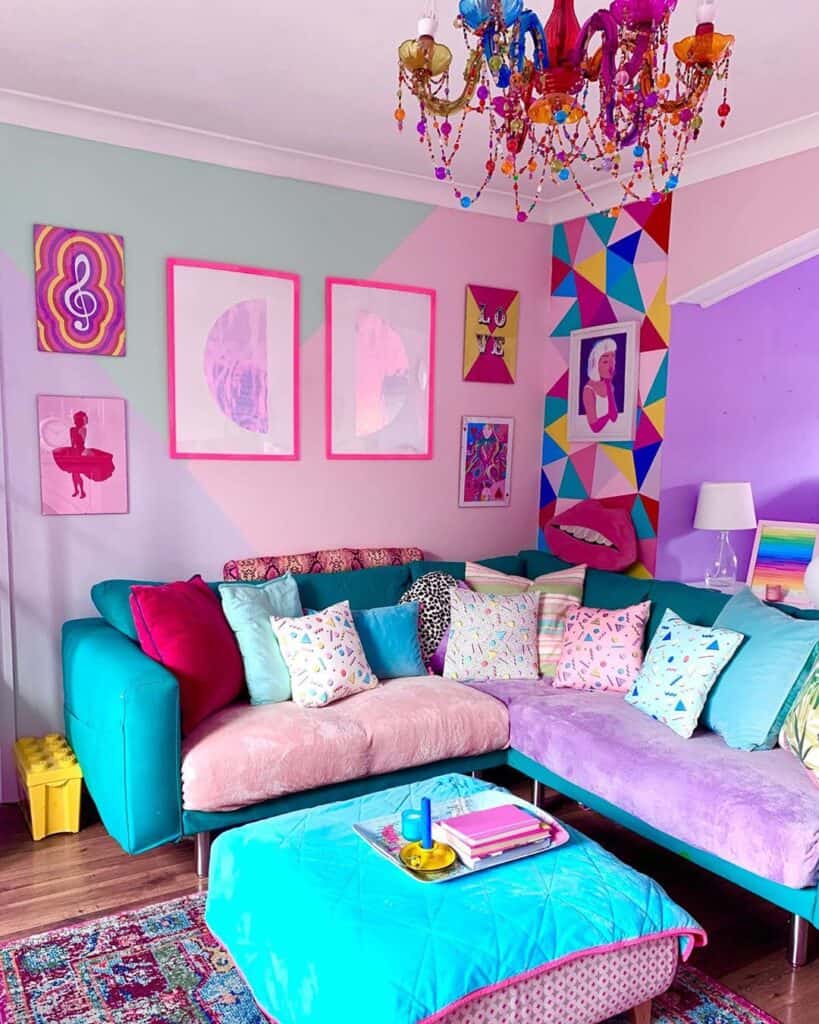 Pretty and bright living room styled with dopamine colors including pink, purple and blue