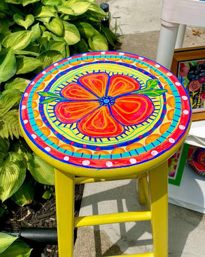 Hand painted green stool with exotic pattern for whimsical decorating