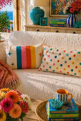 Bright, polka dot throw pillows sitting on cream sofa in whimsical living room