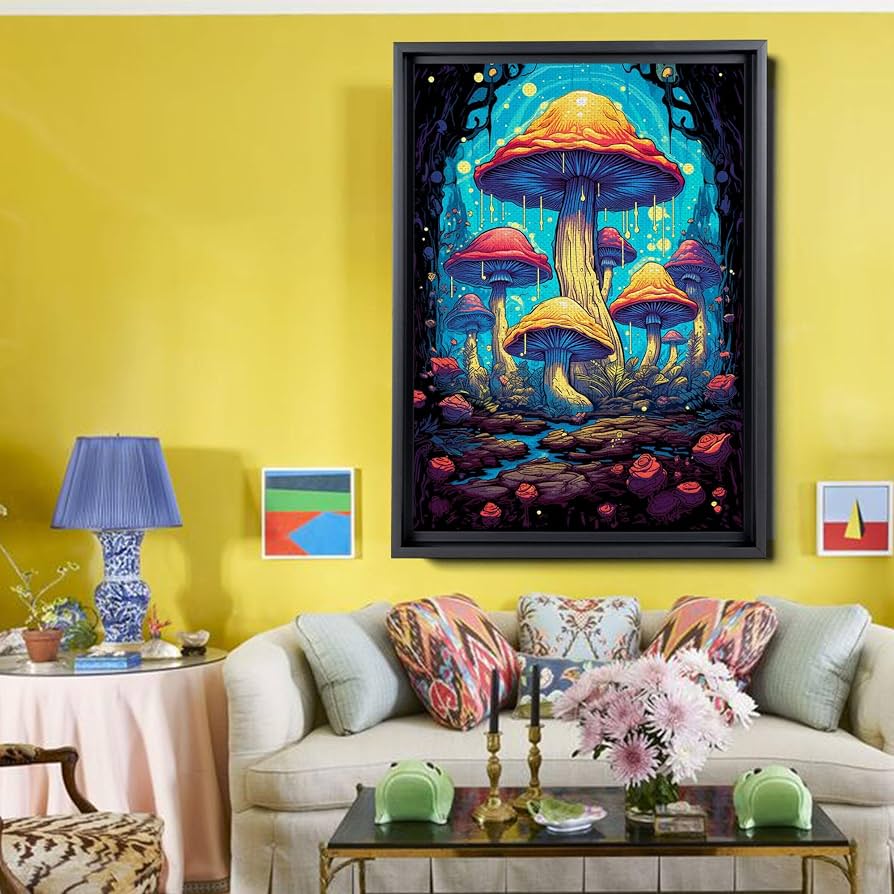 A fairytale themed living room with a bright yellow wall 
