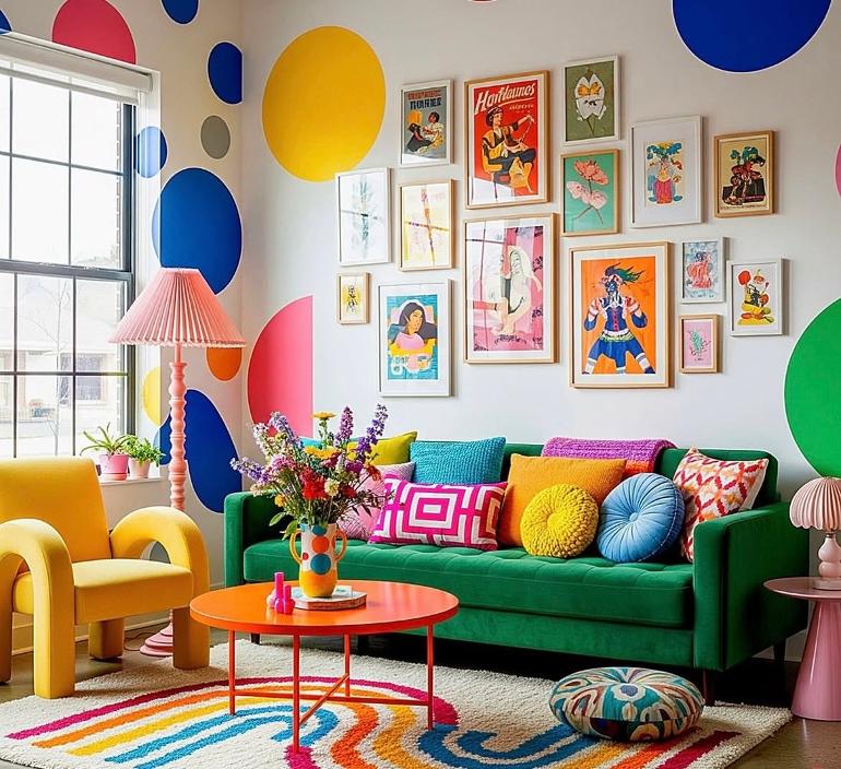 A bright and colorful living room  created with whimsical home decor, with a green couch and a yellow chair.